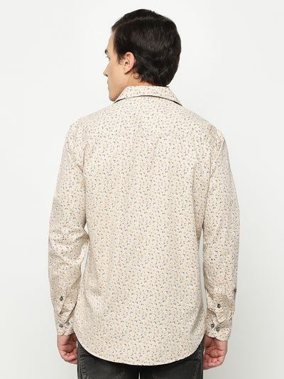 Beige Floral Print 100% Cotton Shirt-Men Shirts-Crimsoune Club