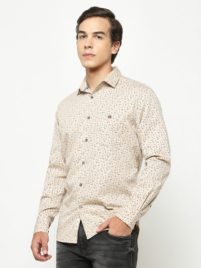 Beige Floral Print 100% Cotton Shirt-Men Shirts-Crimsoune Club