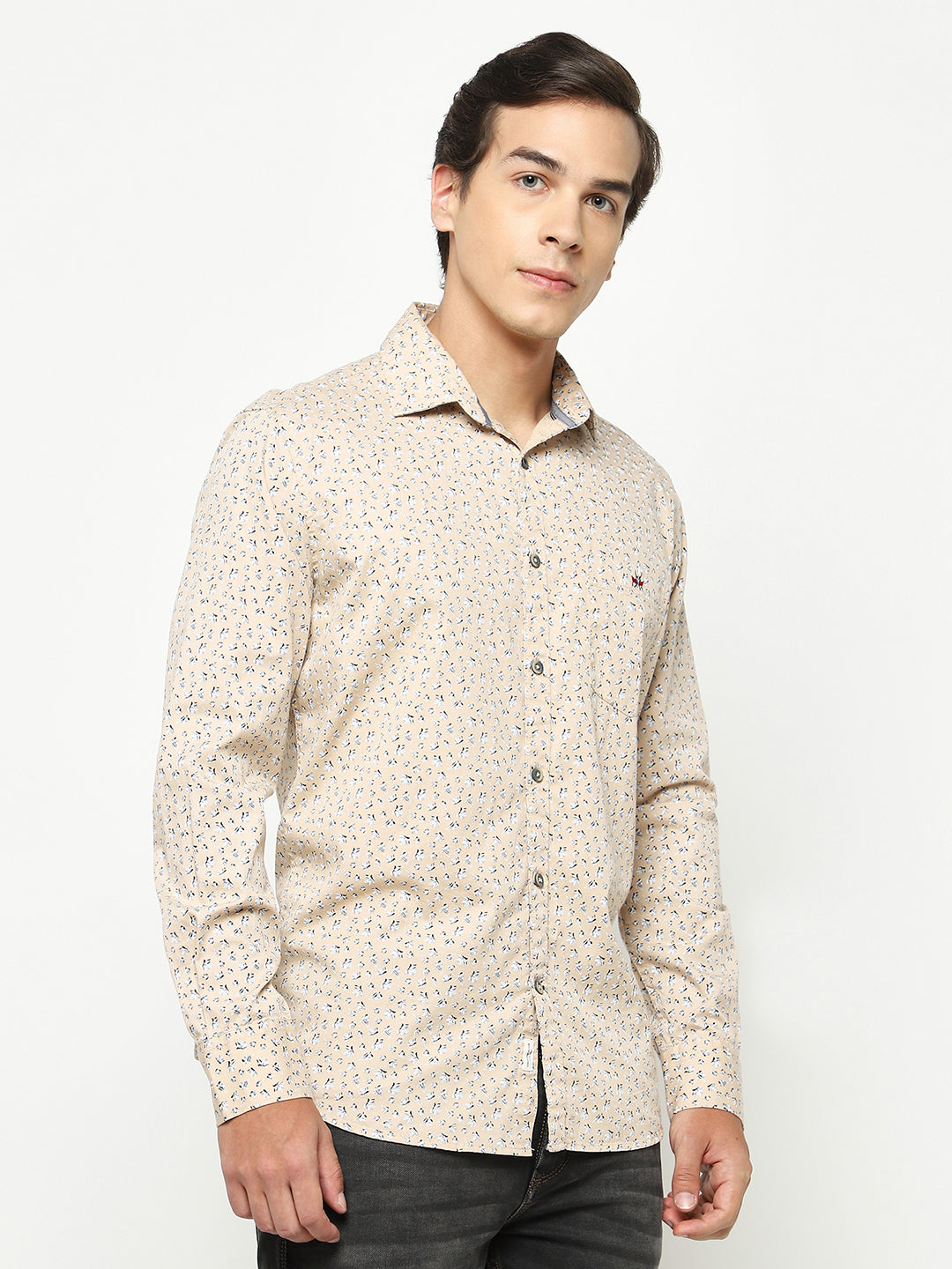 Beige Floral Print 100% Cotton Shirt-Men Shirts-Crimsoune Club