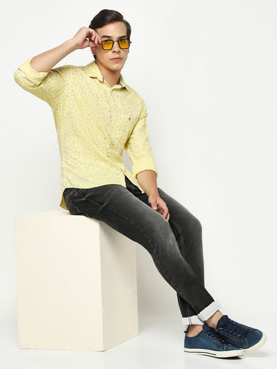 Yellow Floral Print 100% Cotton Shirt-Men Shirts-Crimsoune Club