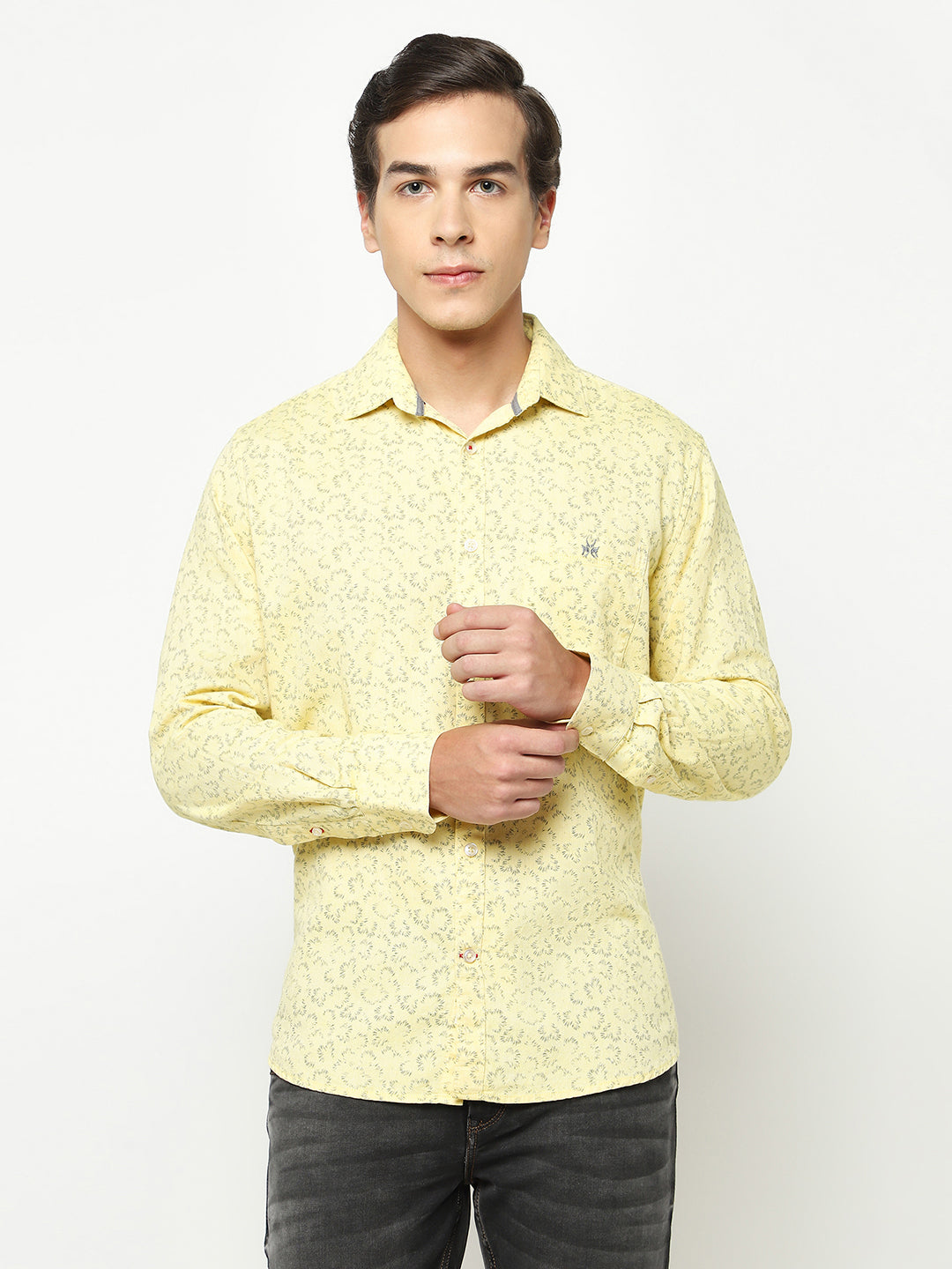 Yellow Floral Print 100% Cotton Shirt-Men Shirts-Crimsoune Club