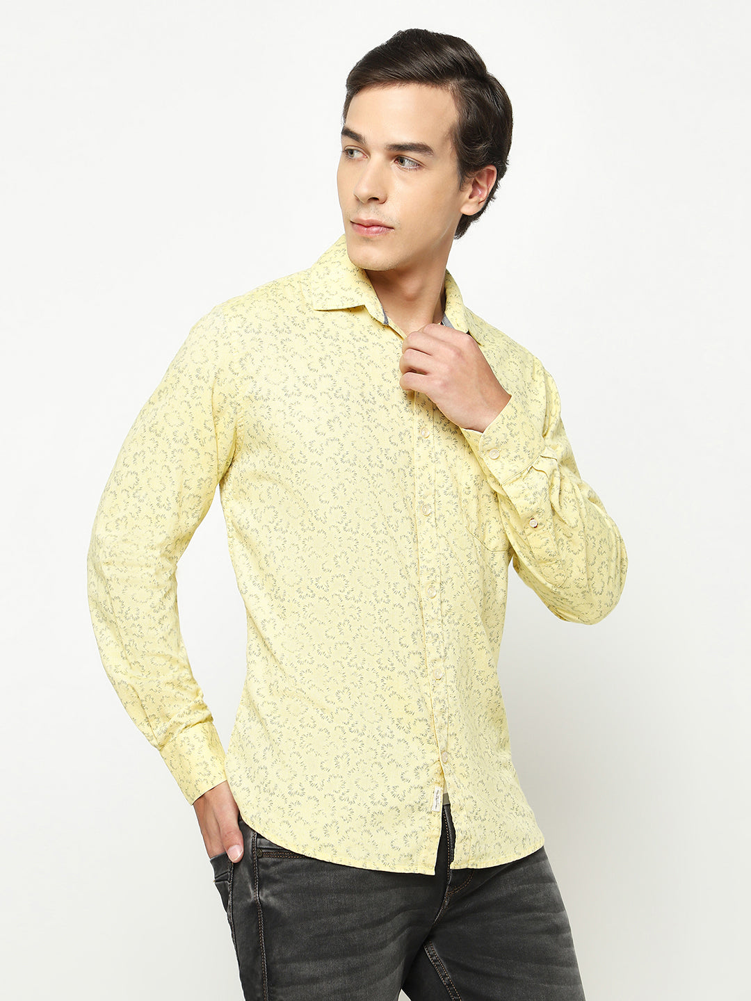 Yellow Floral Print 100% Cotton Shirt-Men Shirts-Crimsoune Club