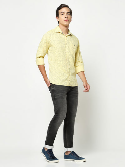 Yellow Floral Print 100% Cotton Shirt-Men Shirts-Crimsoune Club