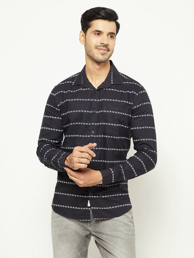 Navy Blue Horizontal Stripes 100% Cotton Shirt-Men Shirts-Crimsoune Club