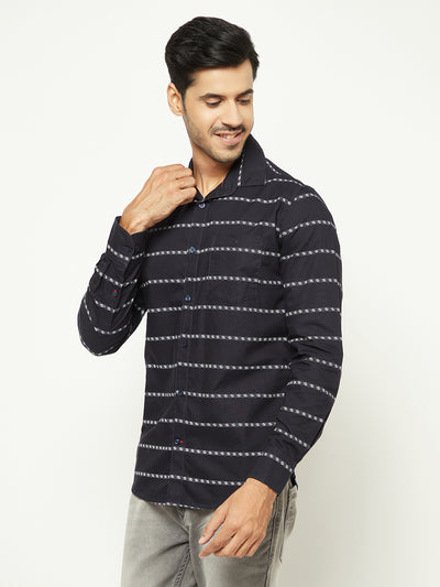 Navy Blue Horizontal Stripes 100% Cotton Shirt-Men Shirts-Crimsoune Club