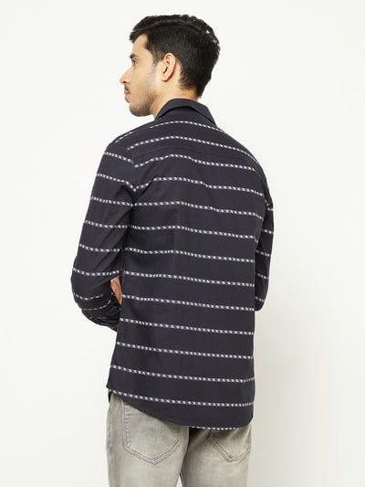 Navy Blue Horizontal Stripes 100% Cotton Shirt-Men Shirts-Crimsoune Club
