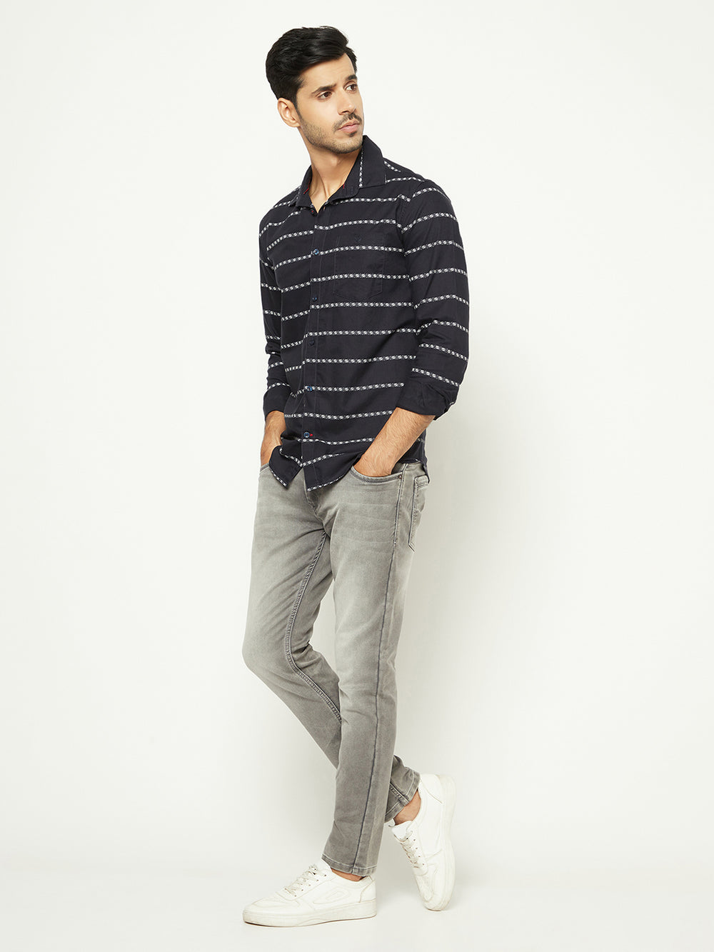 Navy Blue Horizontal Stripes 100% Cotton Shirt-Men Shirts-Crimsoune Club