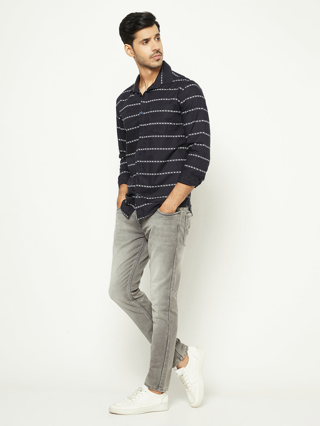 Navy Blue Horizontal Stripes 100% Cotton Shirt-Men Shirts-Crimsoune Club