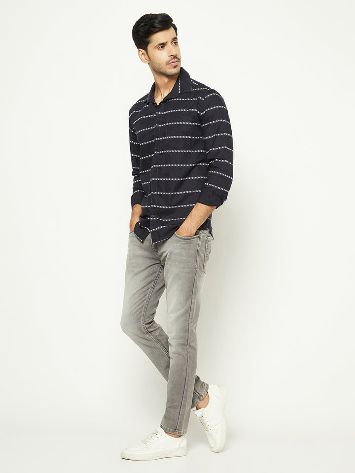 Navy Blue Horizontal Stripes 100% Cotton Shirt-Men Shirts-Crimsoune Club