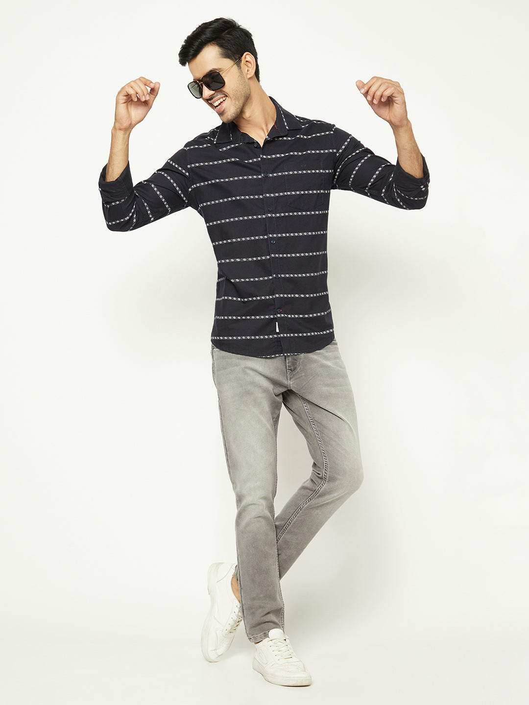 Navy Blue Horizontal Stripes 100% Cotton Shirt-Men Shirts-Crimsoune Club