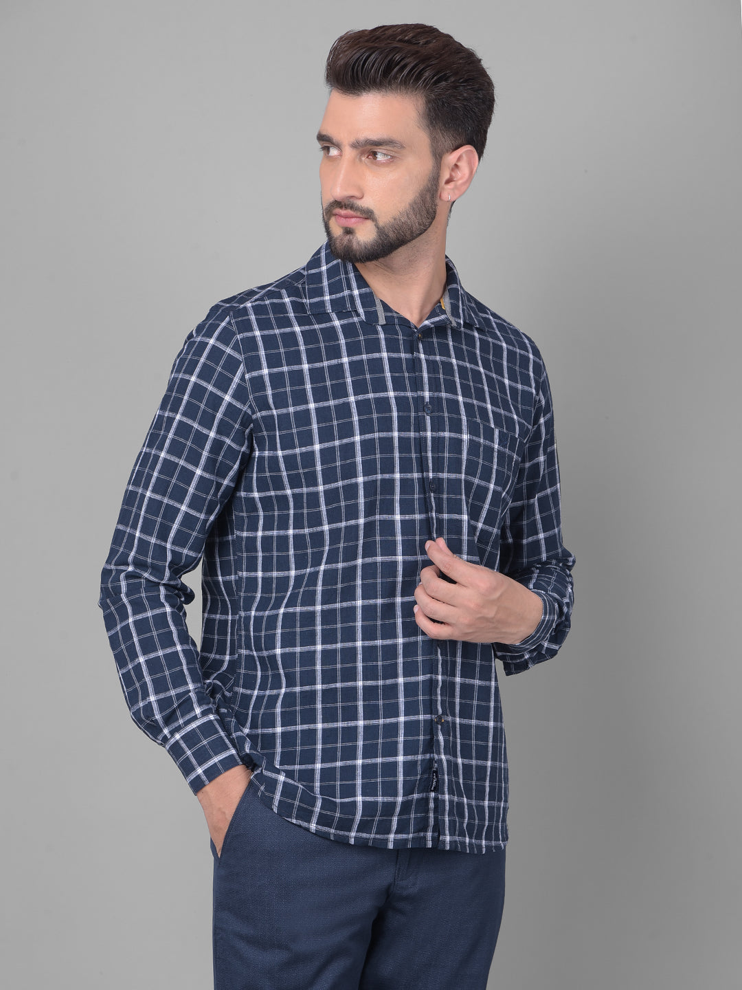 Navy Blue Checked Shirt-Men Shirts-Crimsoune Club