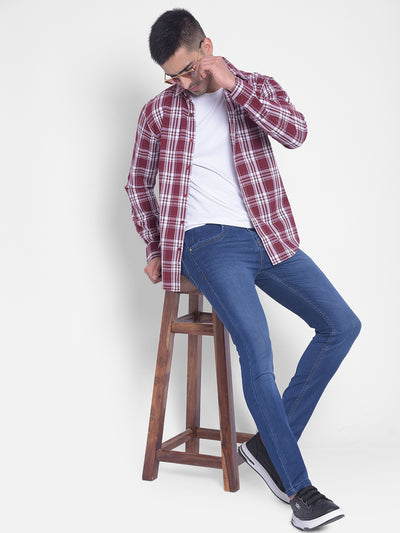 Wine Checked Shirt-Men Jeans-Crimsoune Club