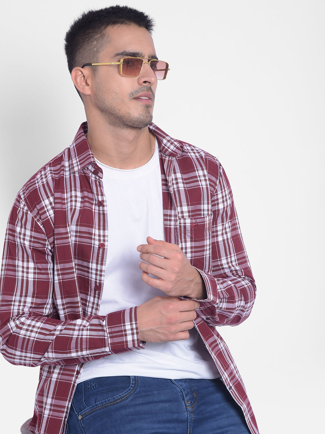 Wine Checked Shirt-Men Jeans-Crimsoune Club