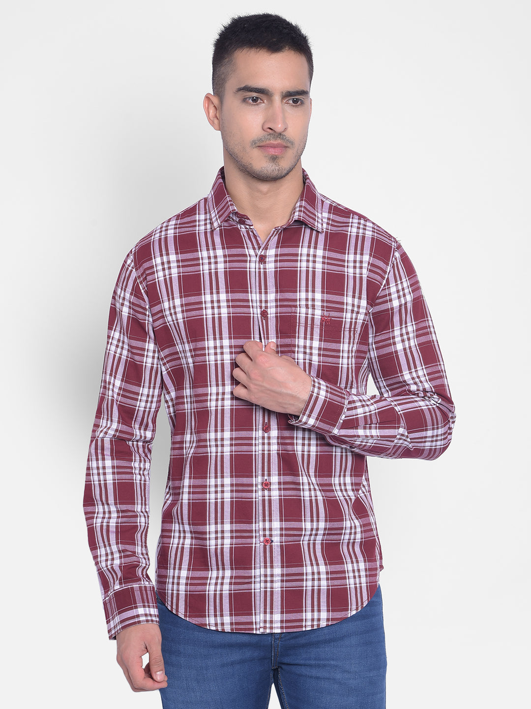 Wine Checked Shirt-Men Jeans-Crimsoune Club