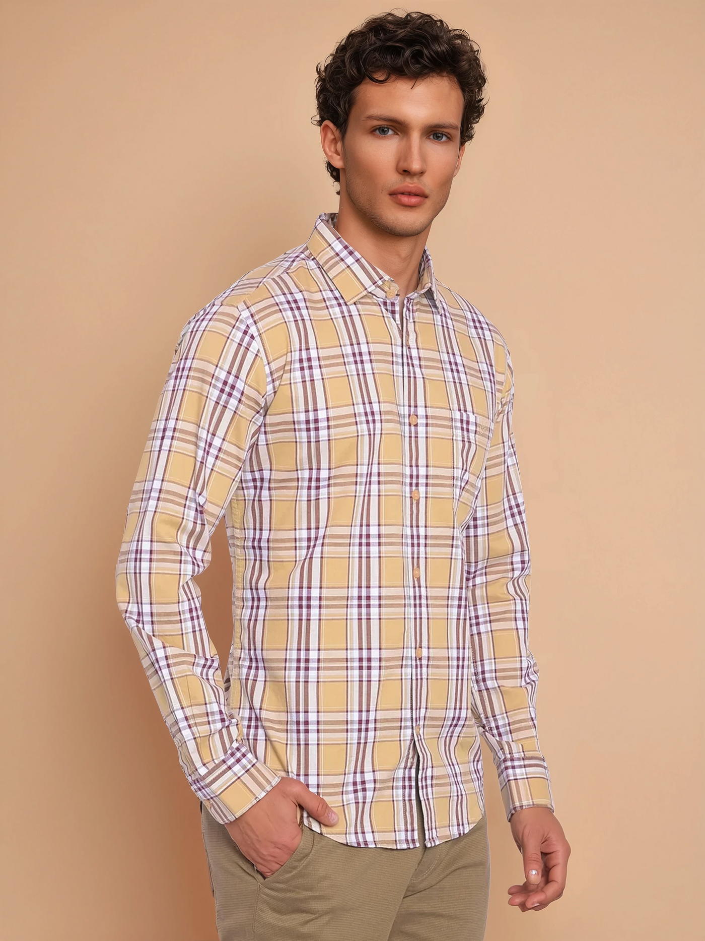 Beige Checked Shirt-Men Shirts-Crimsoune Club