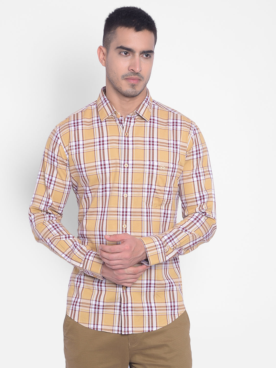 Beige Checked Shirt-Men Jeans-Crimsoune Club