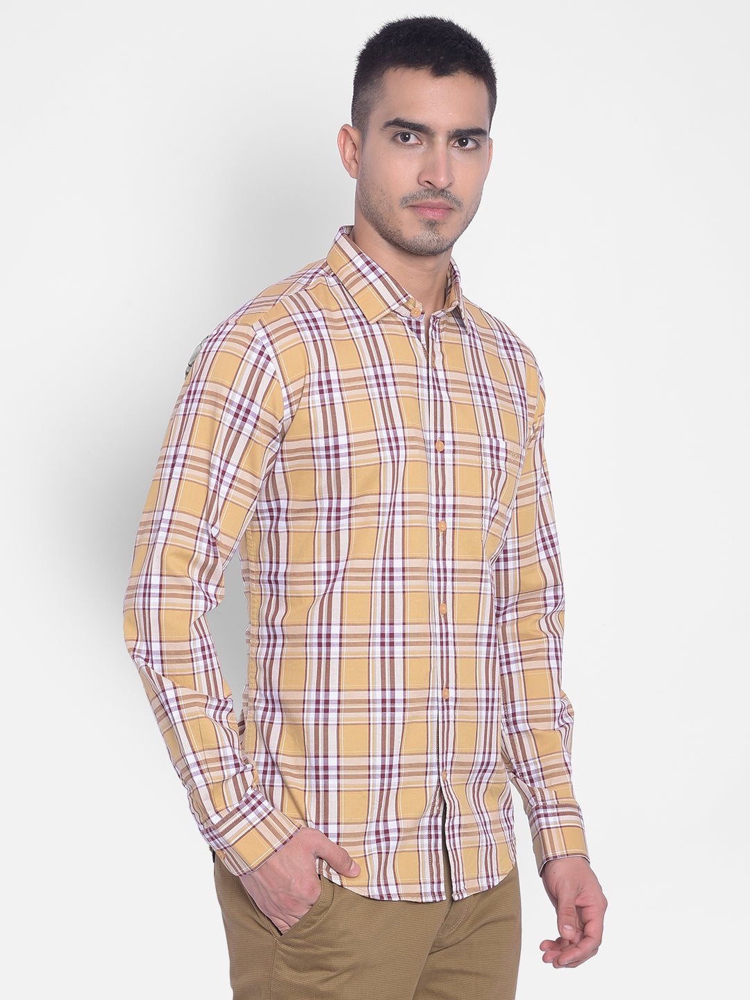 Beige Checked Shirt-Men Jeans-Crimsoune Club
