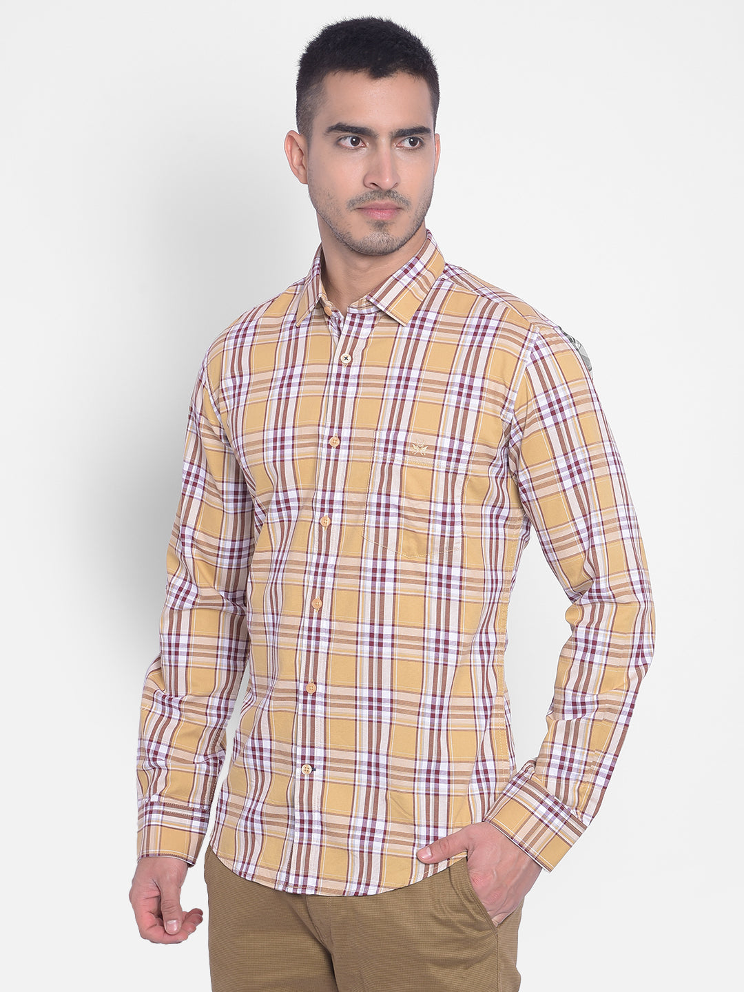 Beige Checked Shirt-Men Jeans-Crimsoune Club