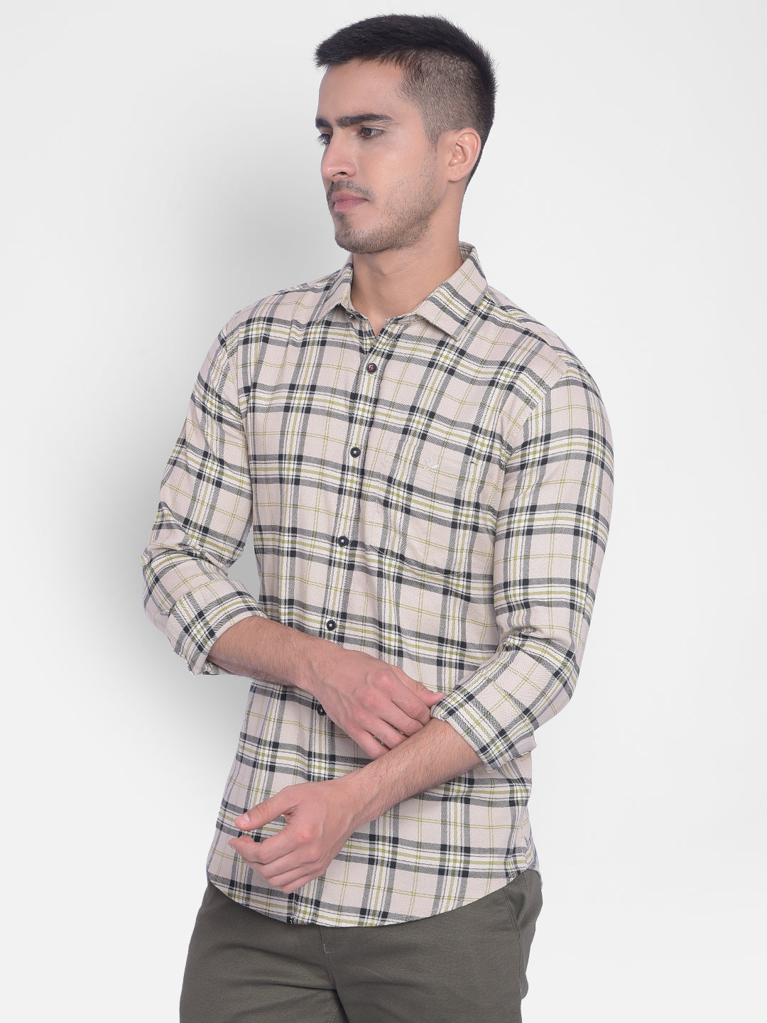 Beige Checked Shirt-Men Jeans-Crimsoune Club