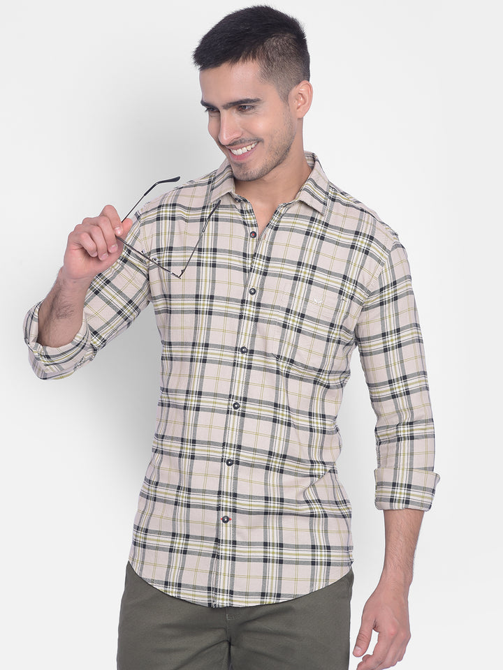 Beige Checked Shirt-Men Jeans-Crimsoune Club