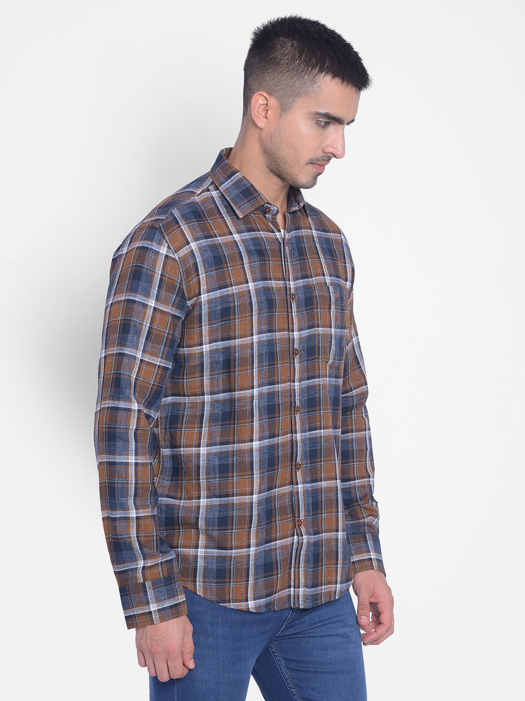 Brown Checked Shirt-Men Jeans-Crimsoune Club