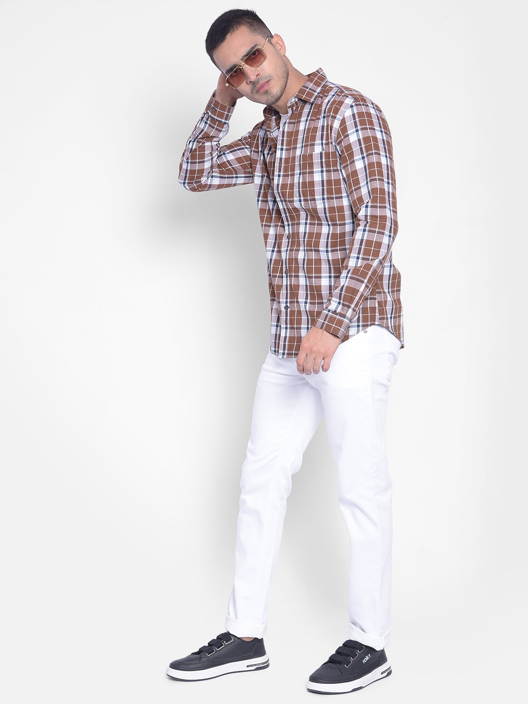 Brown Checked Shirt-Men Jeans-Crimsoune Club