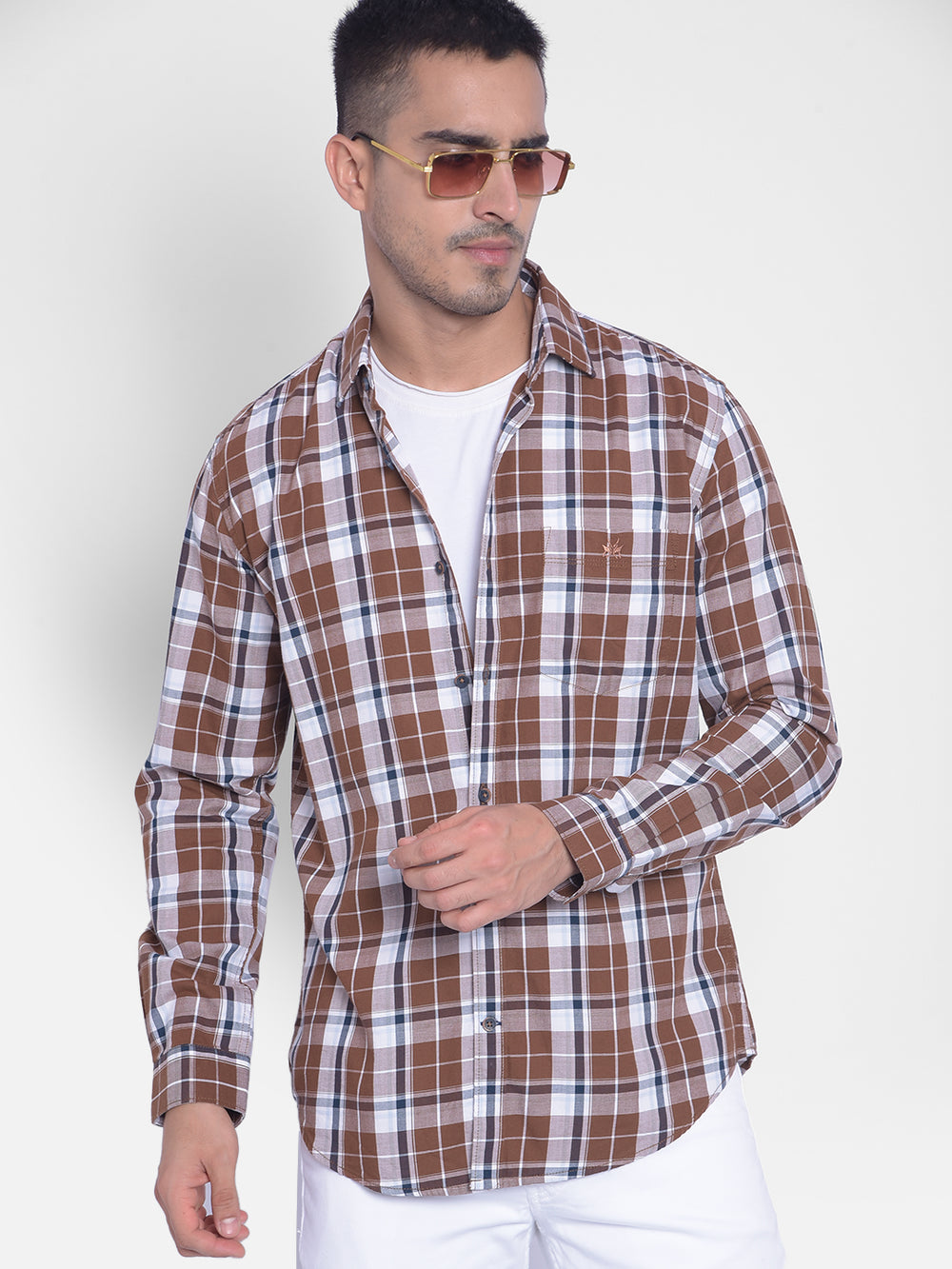 Brown Checked Shirt-Men Jeans-Crimsoune Club