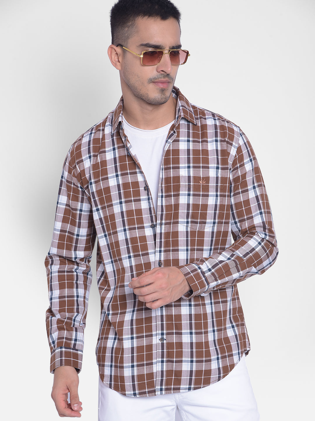 Brown Checked Shirt-Men Jeans-Crimsoune Club
