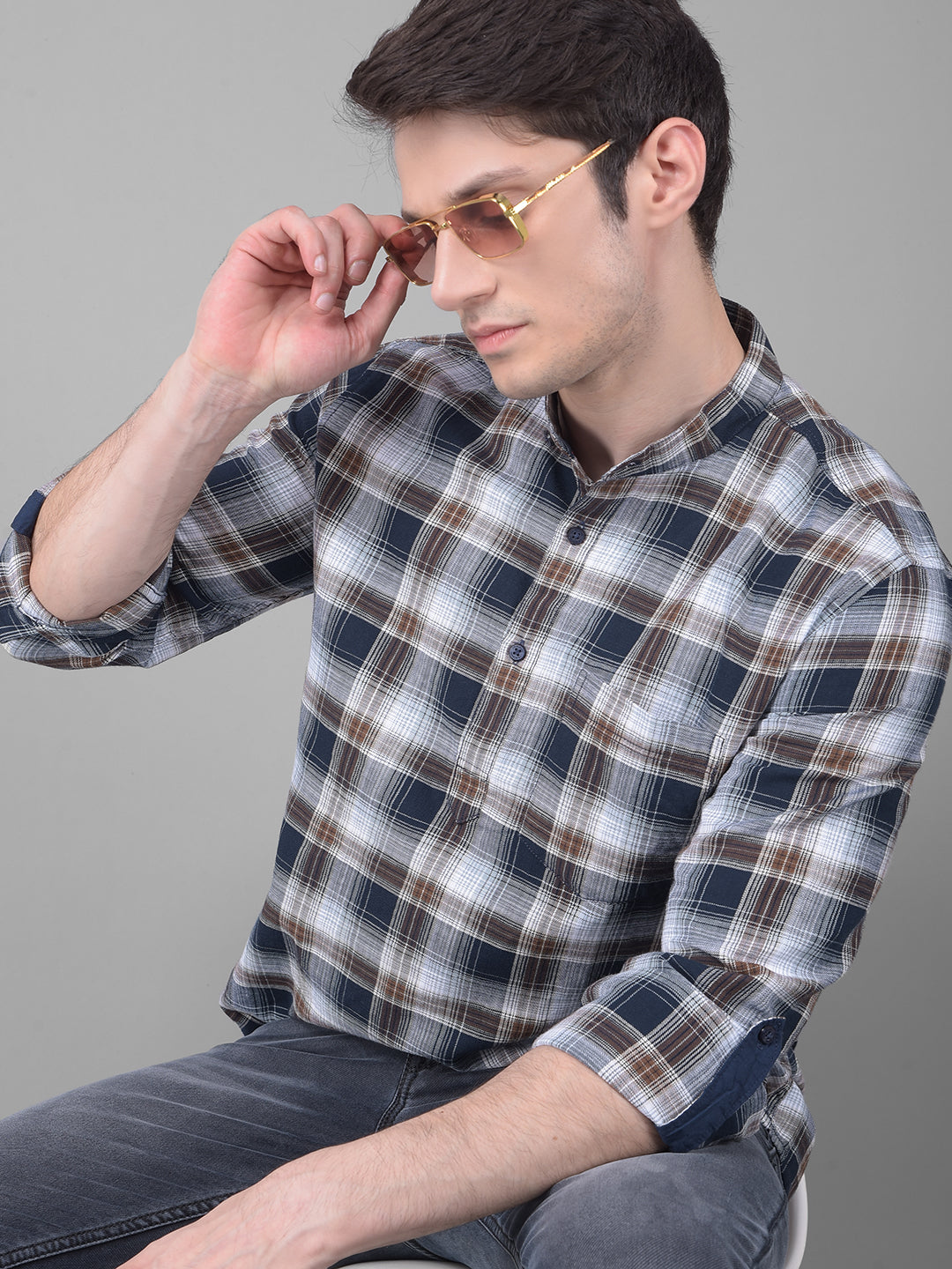 Navy Blue Checked Kurta-Men Kurtas-Crimsoune Club