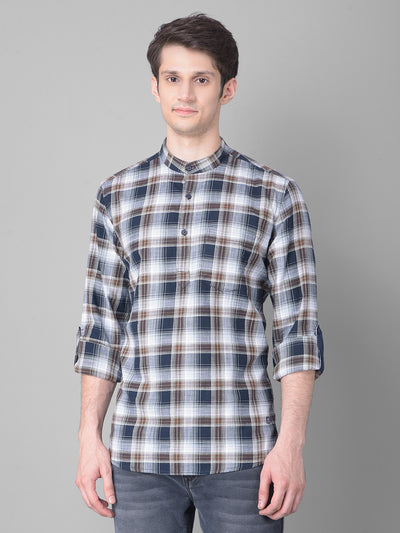 Navy Blue Checked Kurta-Men Kurtas-Crimsoune Club