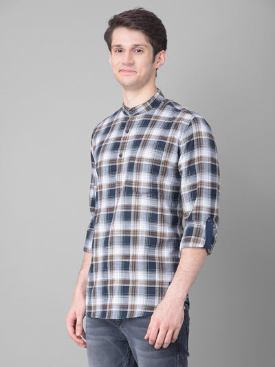 Navy Blue Checked Kurta-Men Kurtas-Crimsoune Club