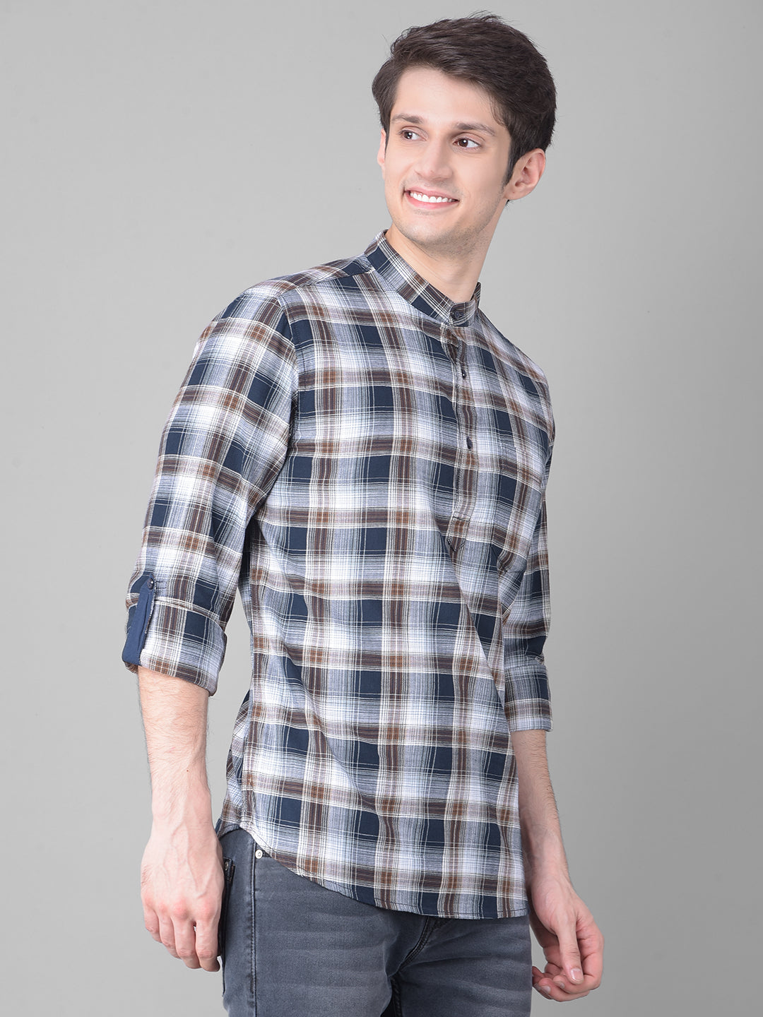 Navy Blue Checked Kurta-Men Kurtas-Crimsoune Club