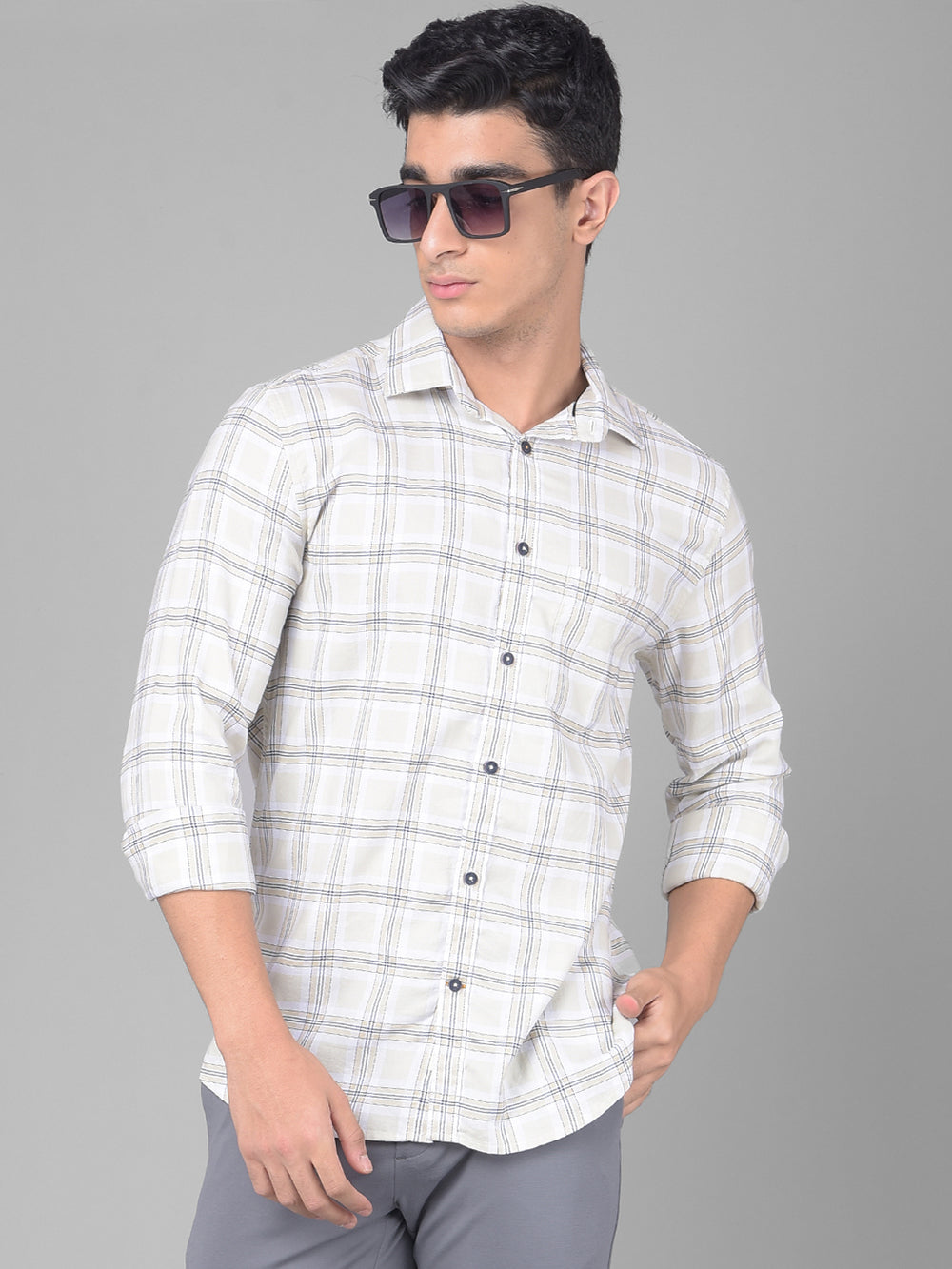Off White Checked Shirt-Men Shirts-Crimsoune Club