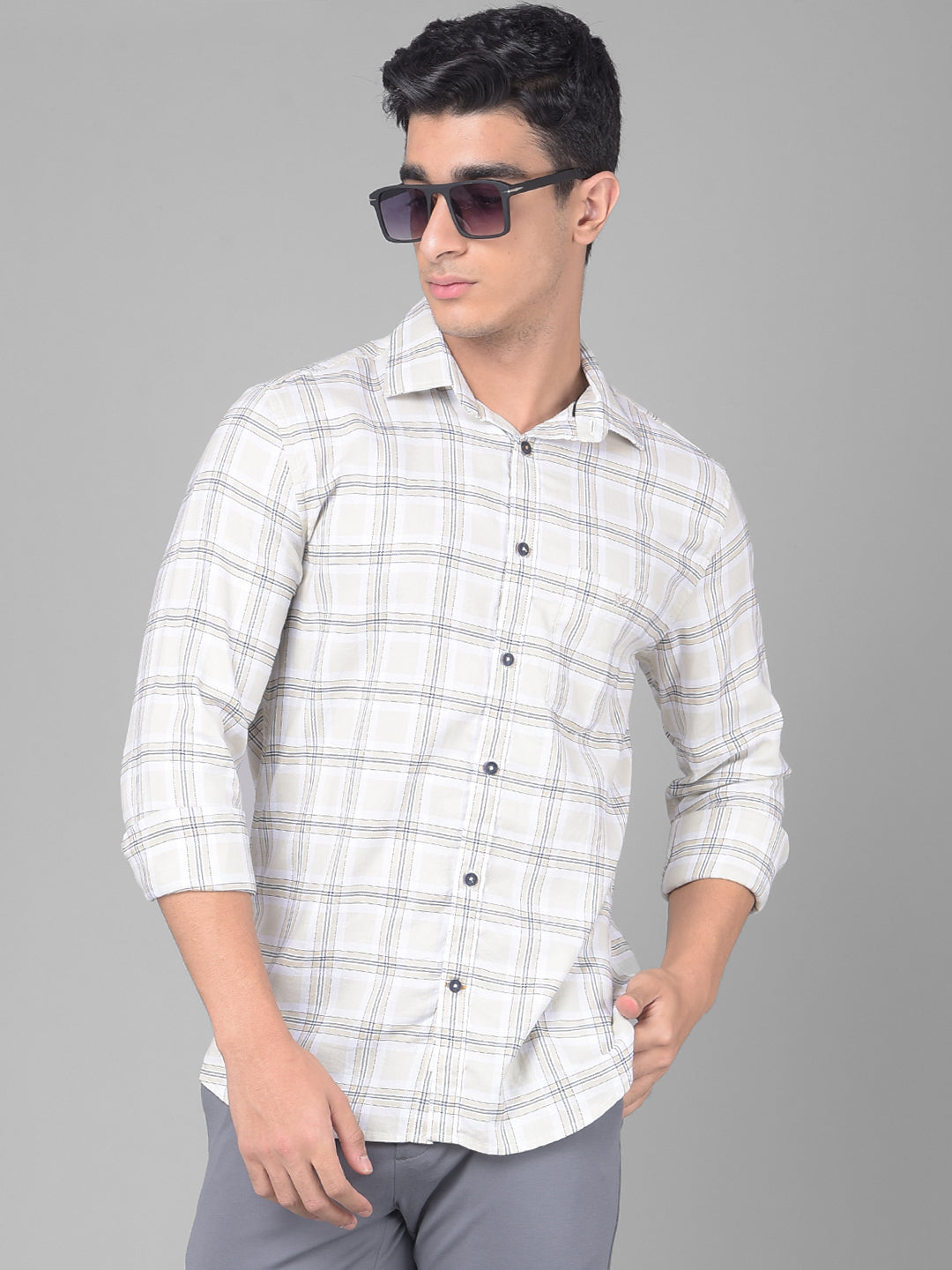 Off White Checked Shirt-Men Shirts-Crimsoune Club