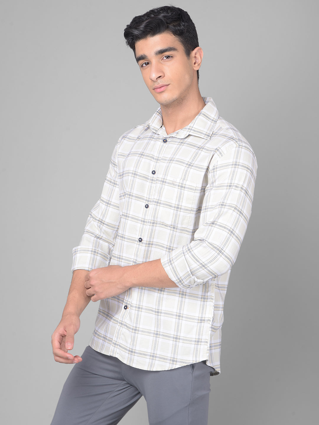 Off White Checked Shirt-Men Shirts-Crimsoune Club