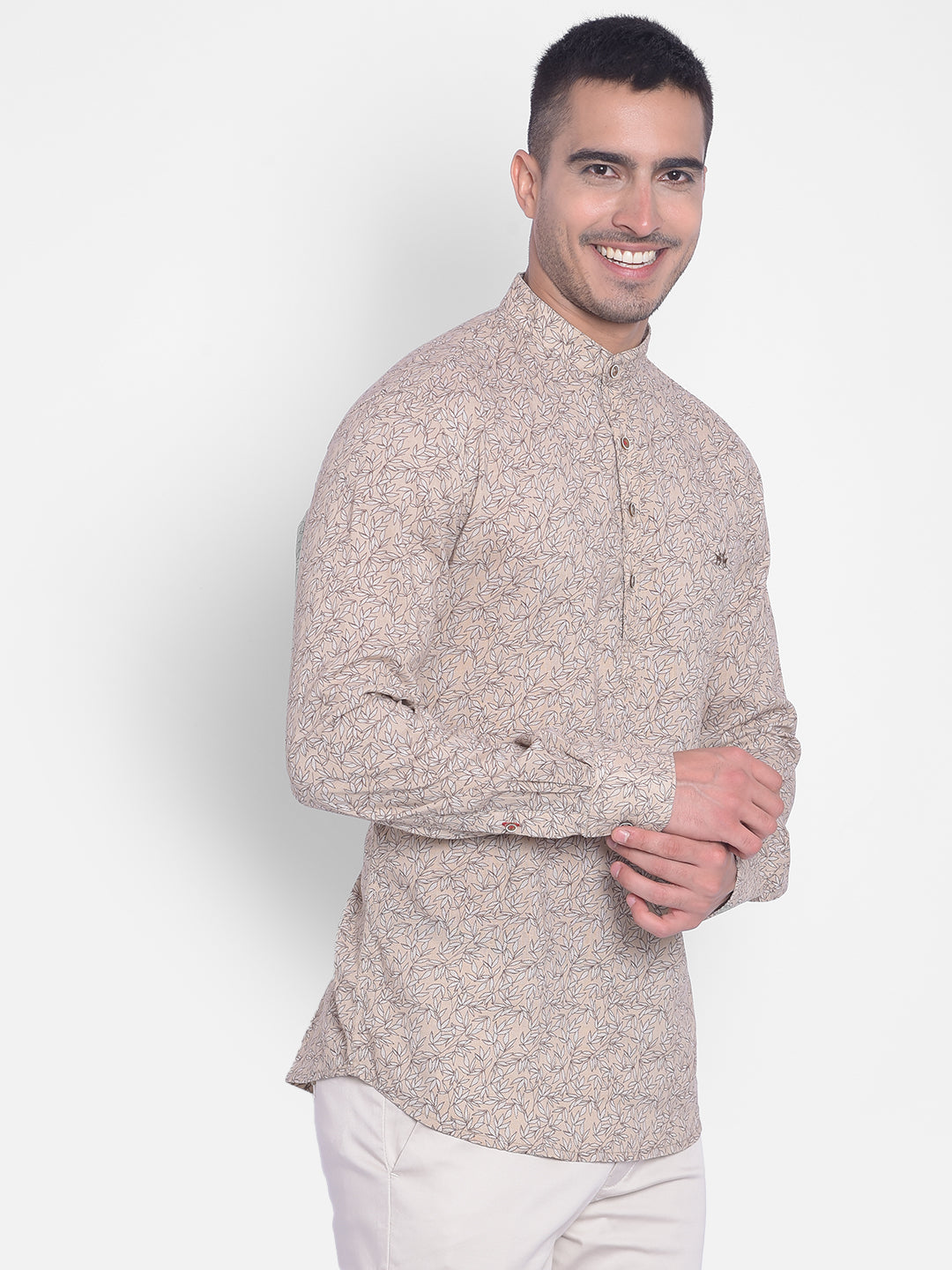 Beige Printed Kurta-Men Jeans-Crimsoune Club