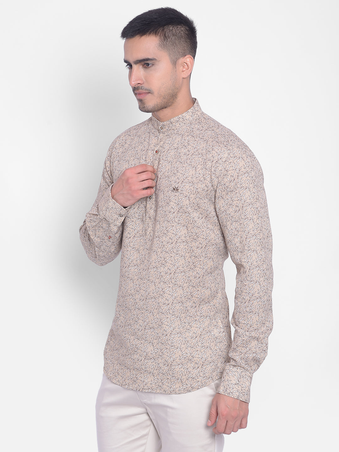 Beige Printed Kurta-Men Jeans-Crimsoune Club