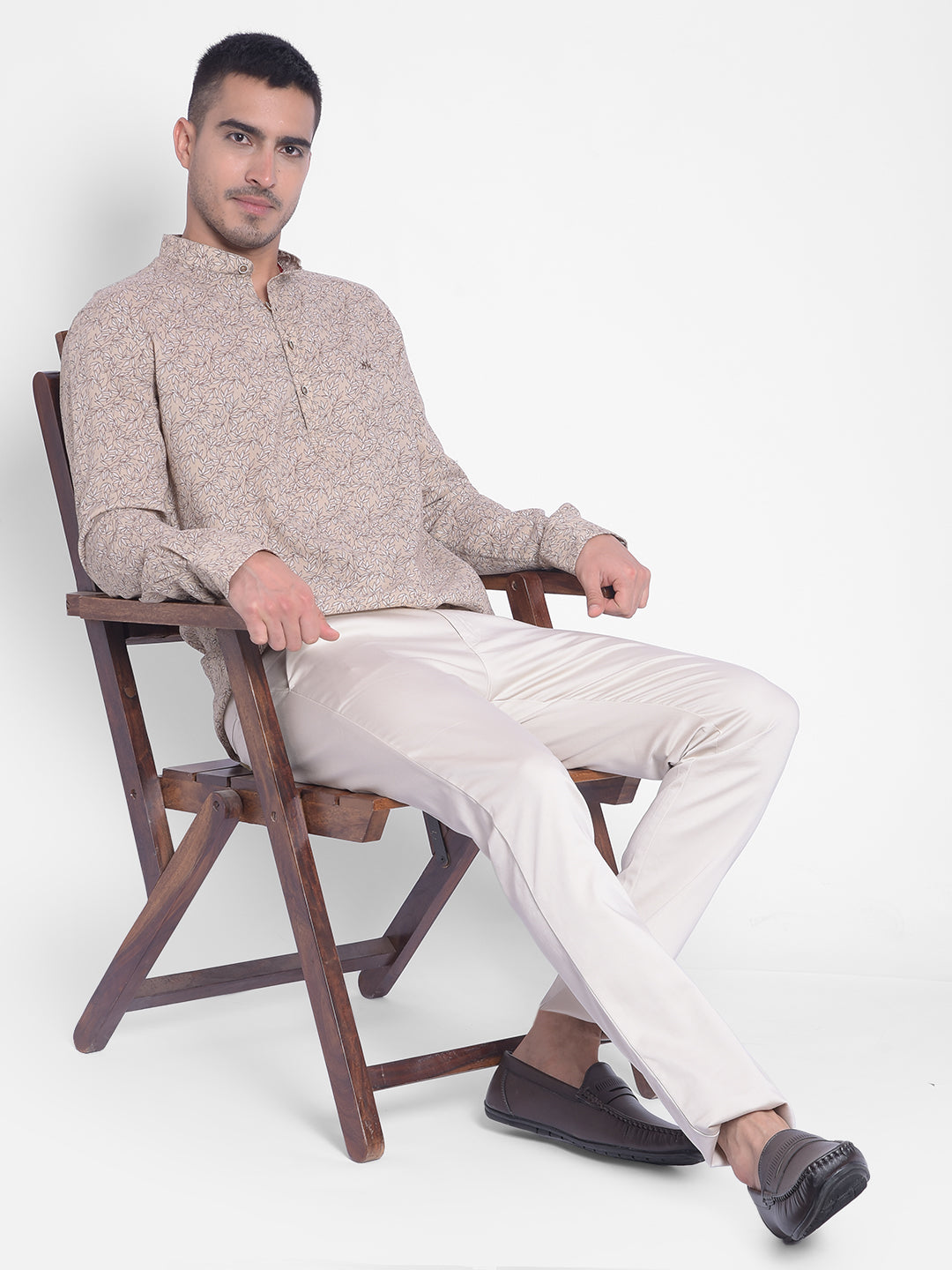 Beige Printed Kurta-Men Jeans-Crimsoune Club