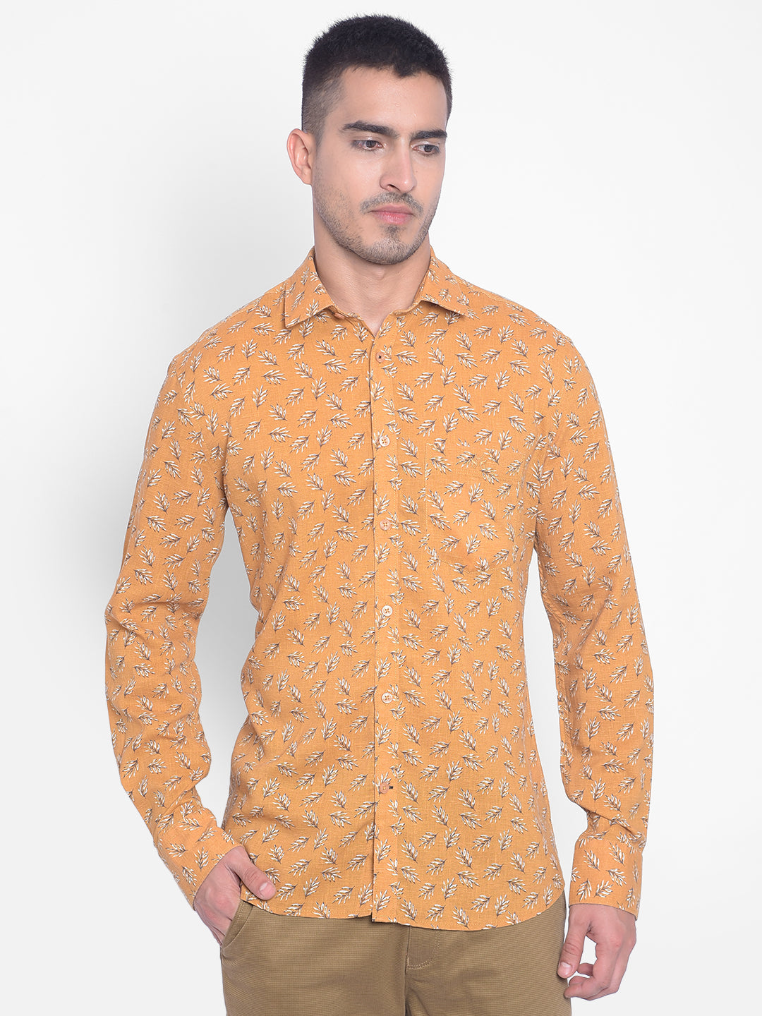 Mustard Printed Shirt-Men Jeans-Crimsoune Club