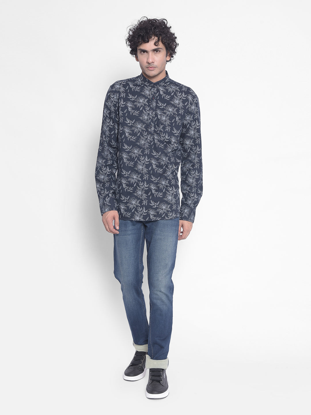 Navy Blue Floral Kurta-Men Kurtas-Crimsoune Club