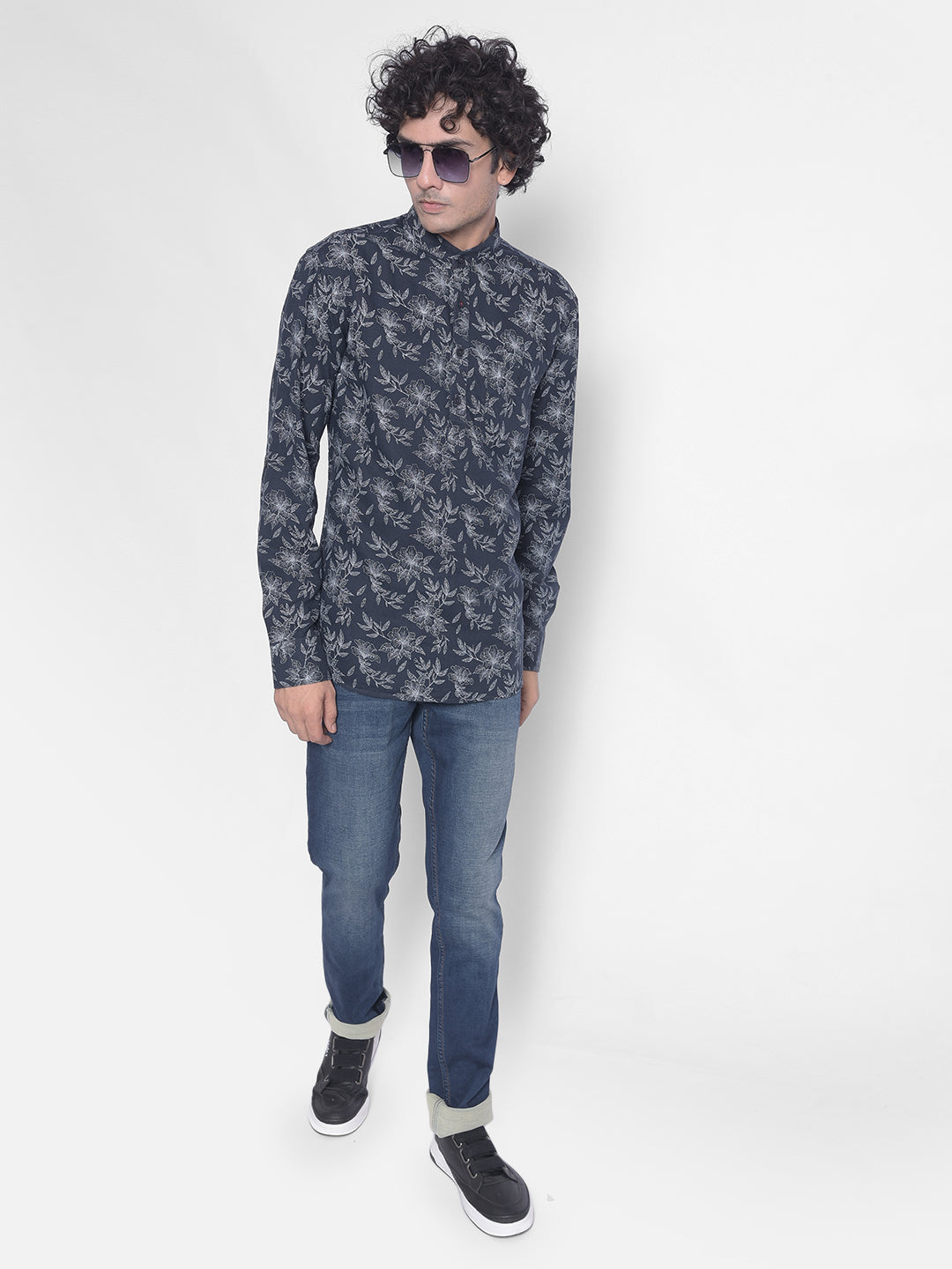 Navy Blue Floral Kurta-Men Kurtas-Crimsoune Club