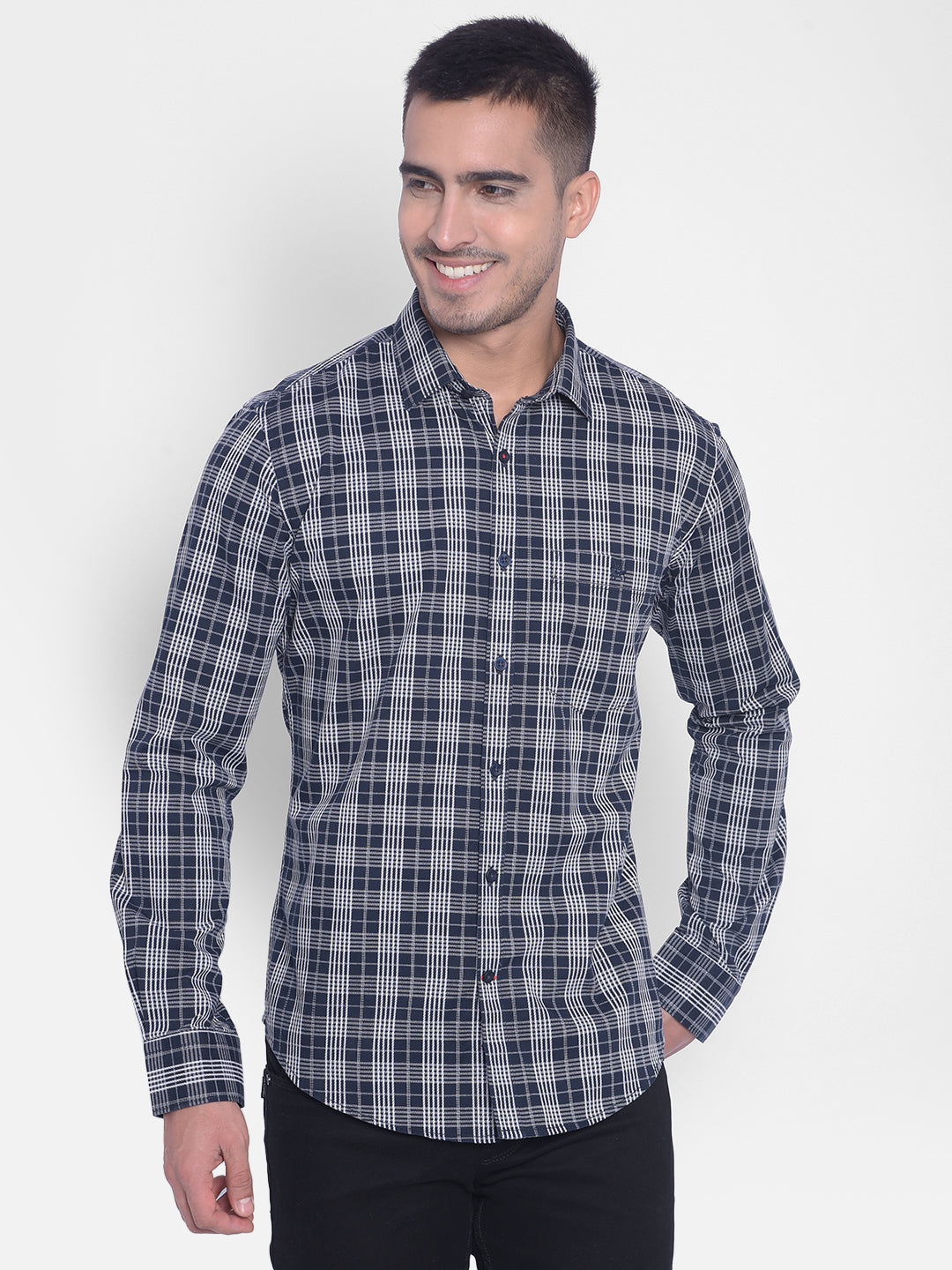 Navy Blue Checked Shirt-Men Jeans-Crimsoune Club