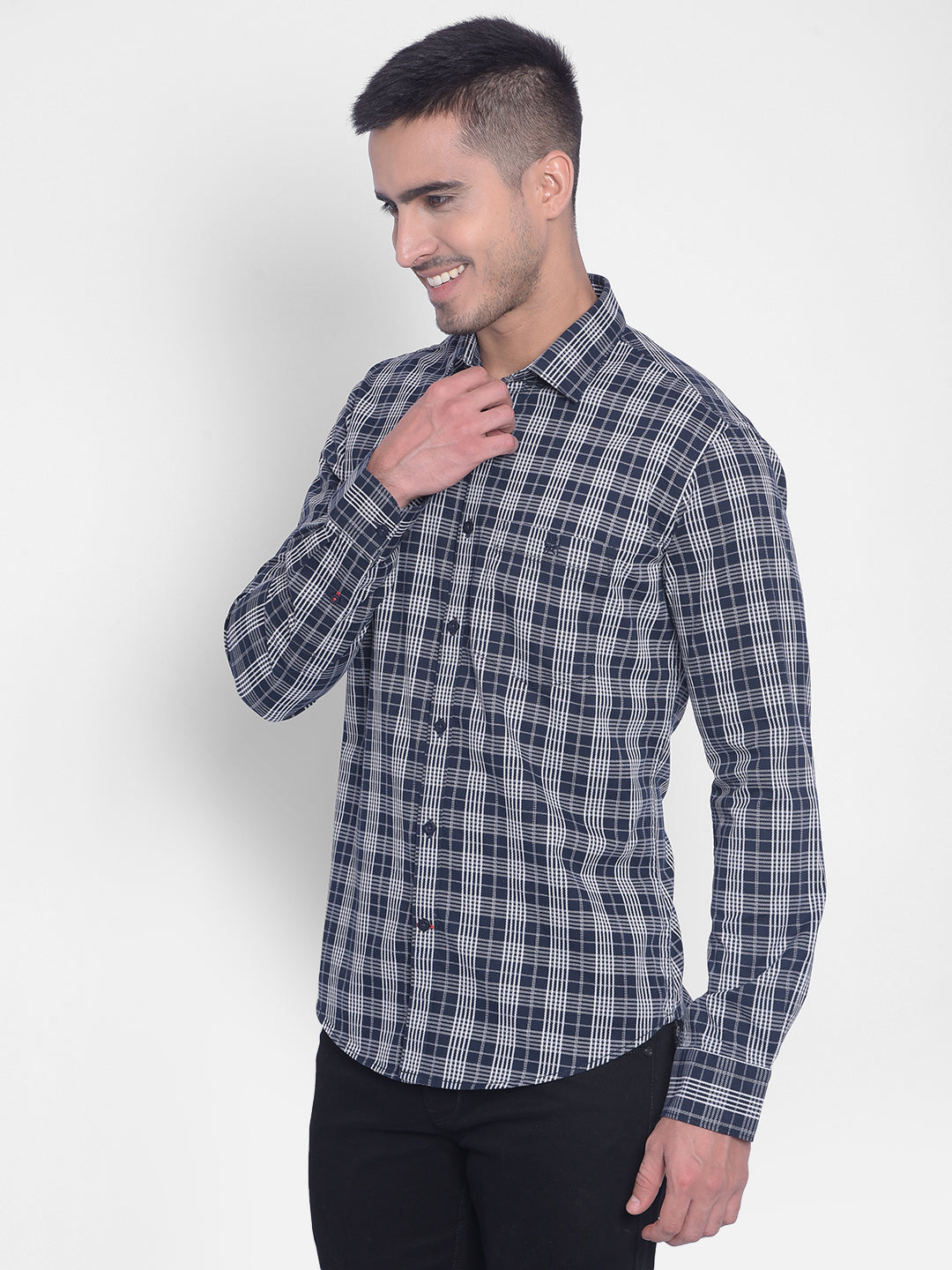 Navy Blue Checked Shirt-Men Jeans-Crimsoune Club