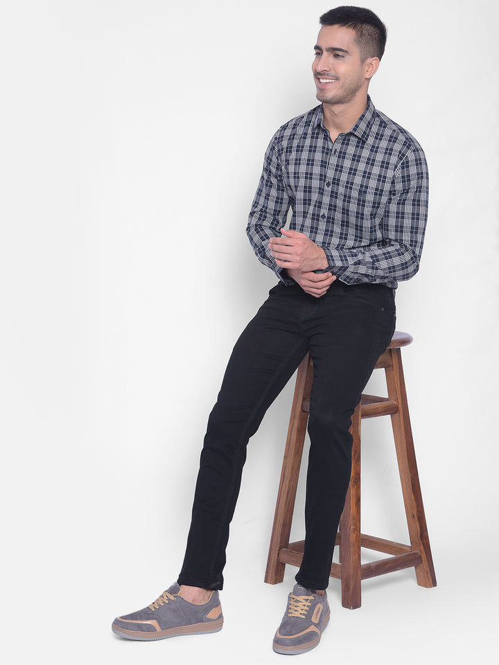 Navy Blue Checked Shirt-Men Jeans-Crimsoune Club