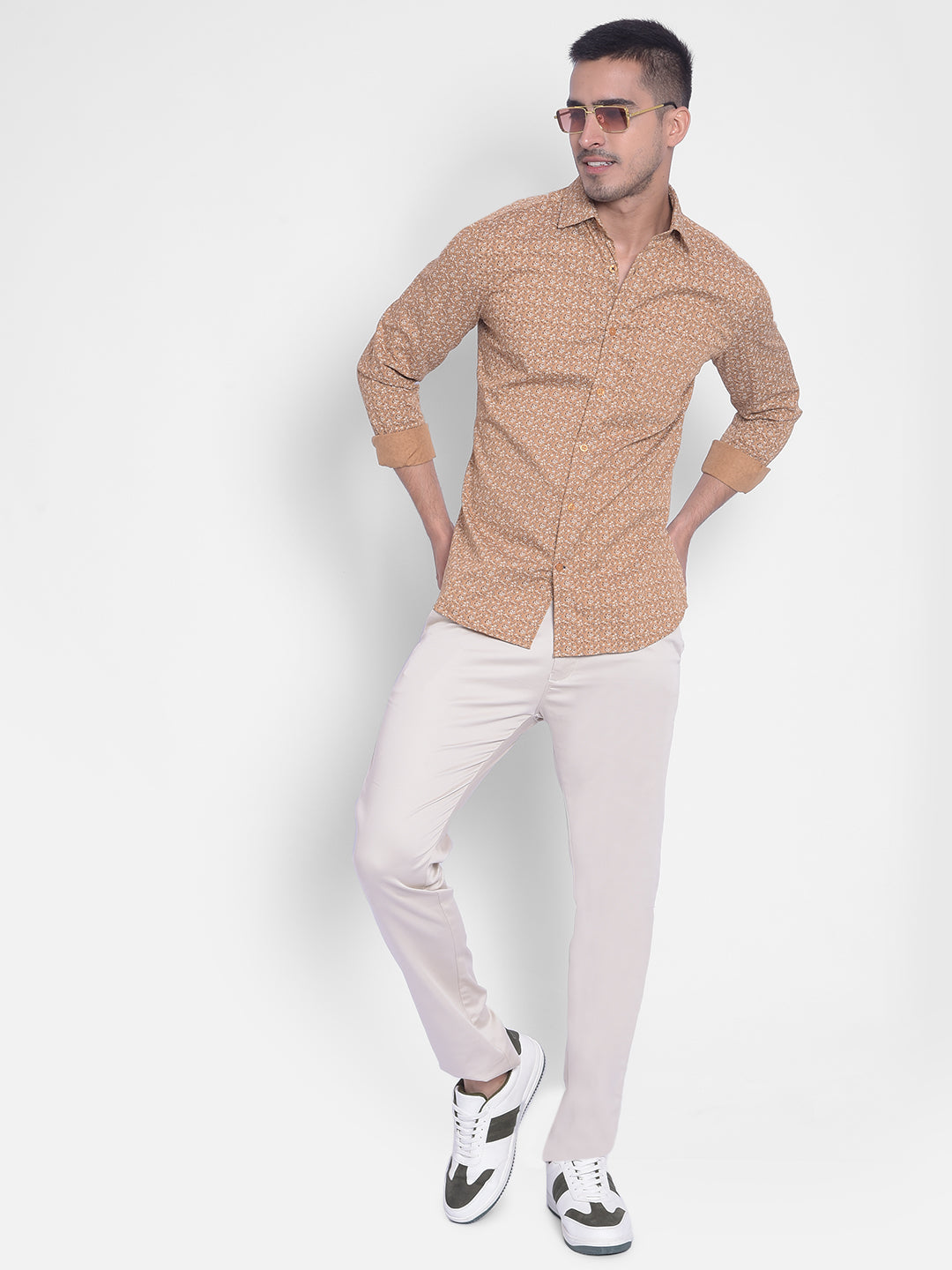 Beige Printed Shirt-Men Jeans-Crimsoune Club