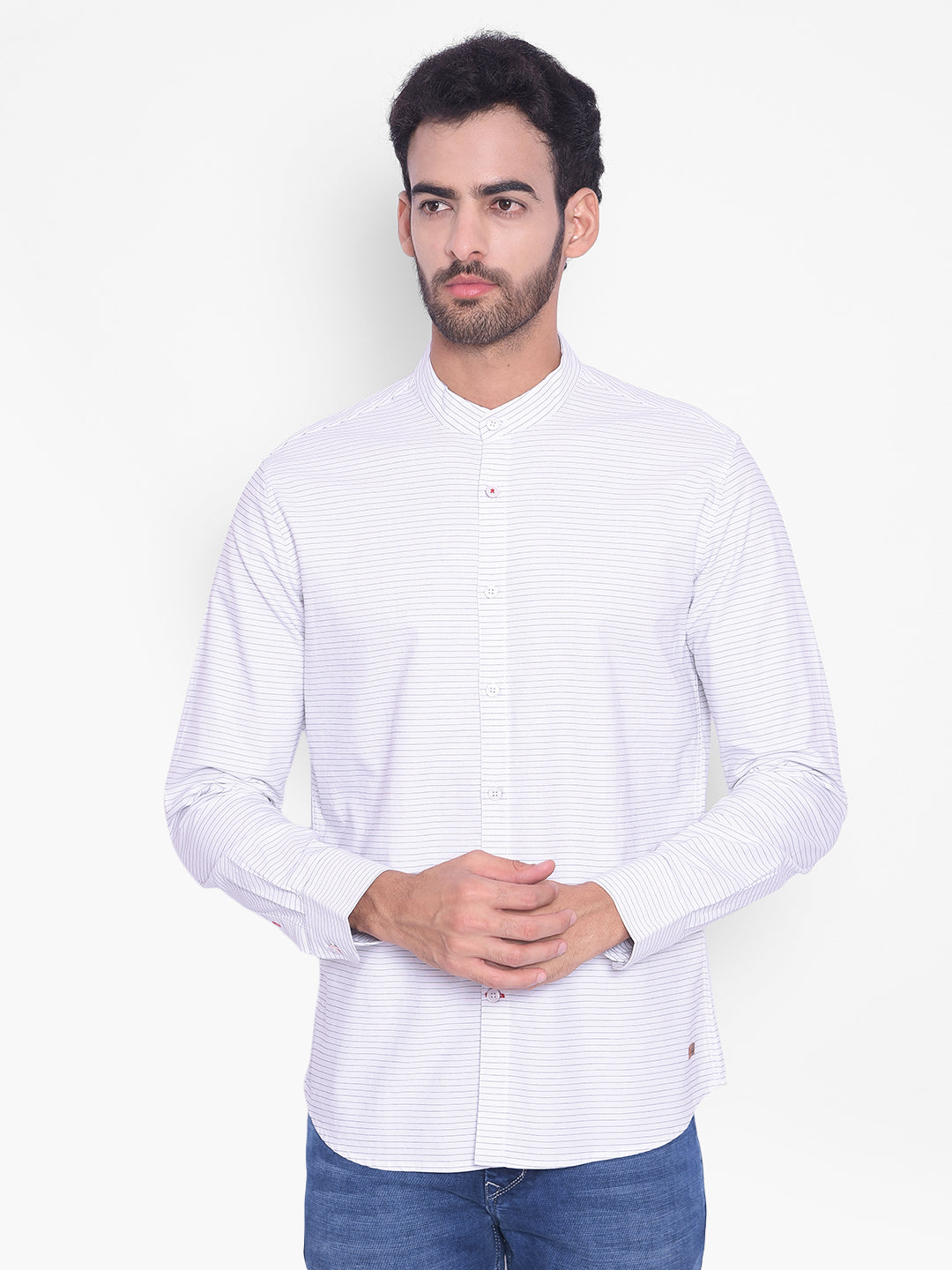 White Striped Mandarin Neck Shirt-Mens Shirts-Crimsoune Club