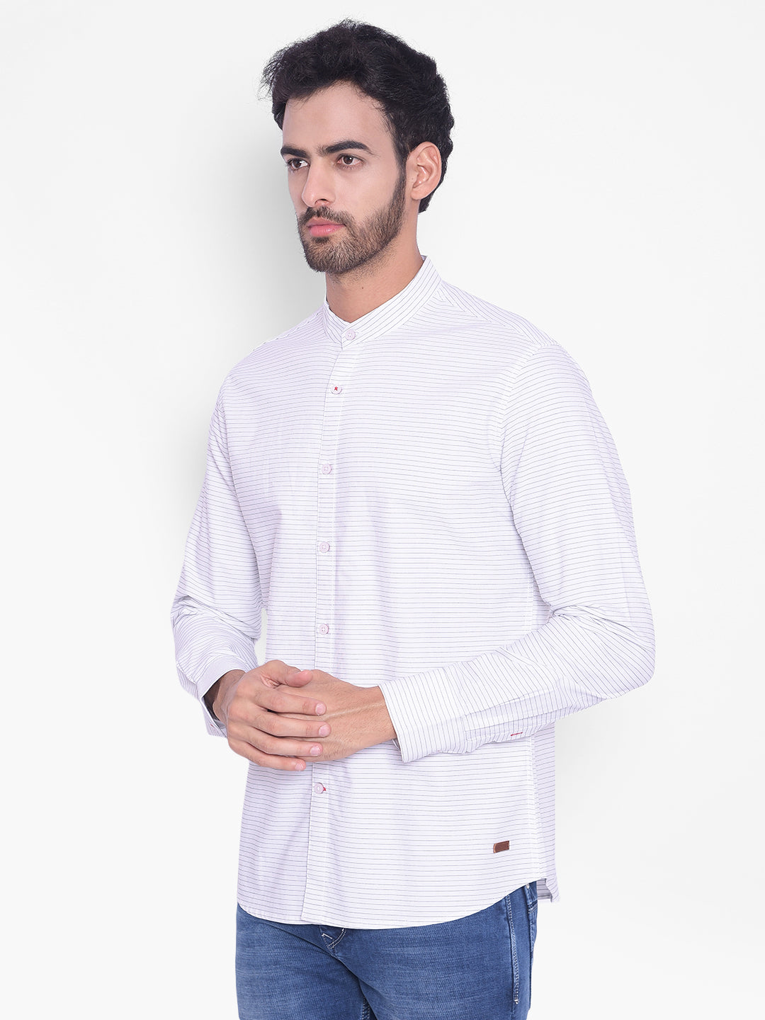 White Striped Mandarin Neck Shirt-Mens Shirts-Crimsoune Club