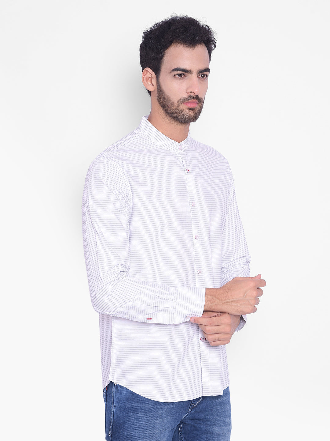 White Striped Mandarin Neck Shirt-Mens Shirts-Crimsoune Club