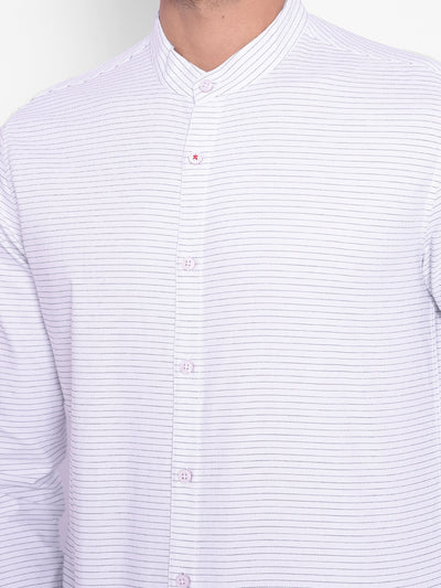 White Striped Mandarin Neck Shirt-Mens Shirts-Crimsoune Club