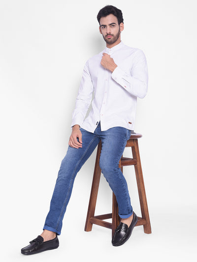 White Striped Mandarin Neck Shirt-Mens Shirts-Crimsoune Club